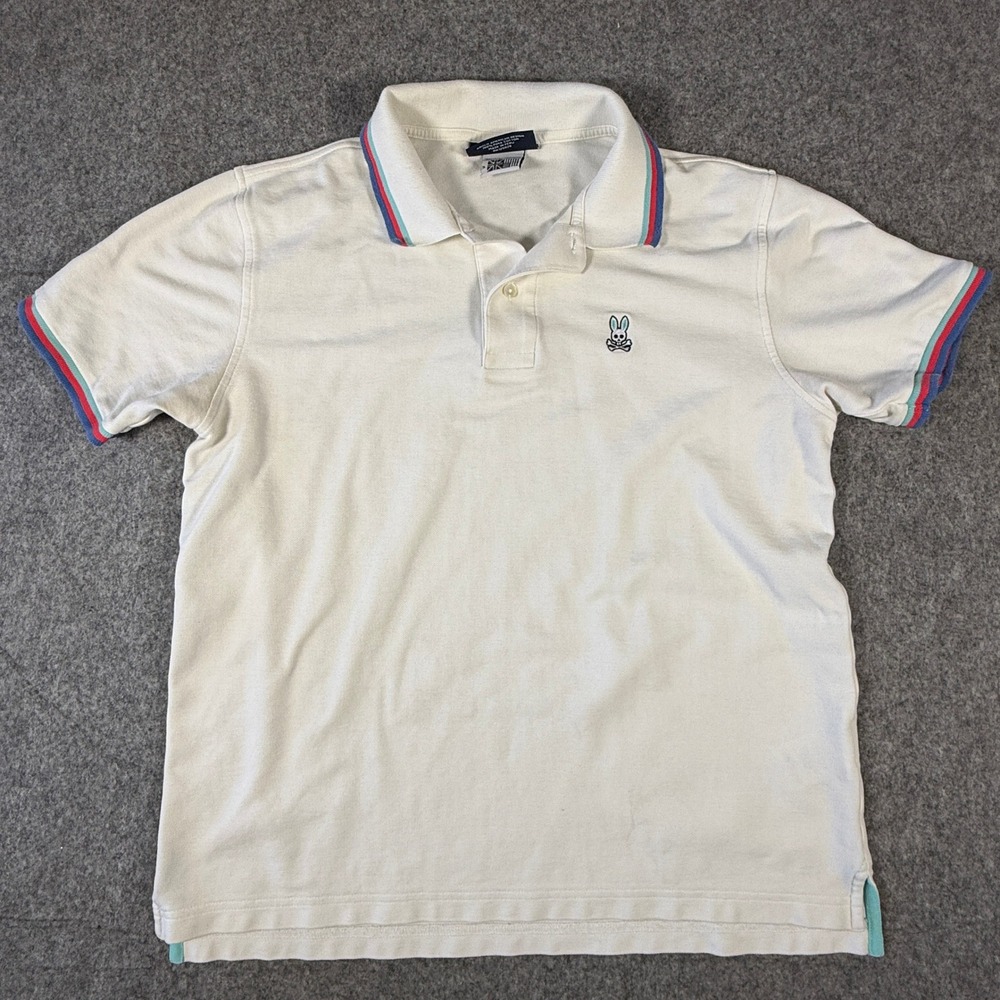 Psycho Bunny Polo Shirt Mens S White Striped Trim Short Sleeve Pique Logo